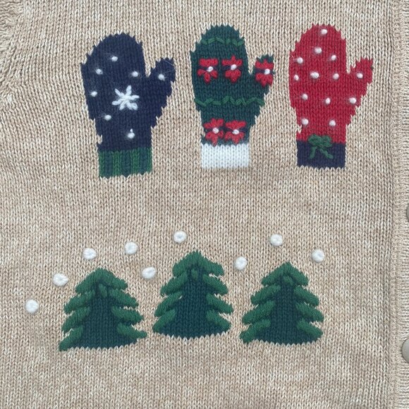 Embroidered Ugly Christmas Sweater Tan Button Grandmacore Winter Holiday-3X - Picture 4 of 10